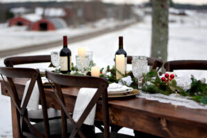 Winter tablescape set up in the snow