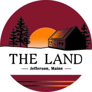 Logo for The Land in Jefferson, Maine. Featuring a sunset and barn.